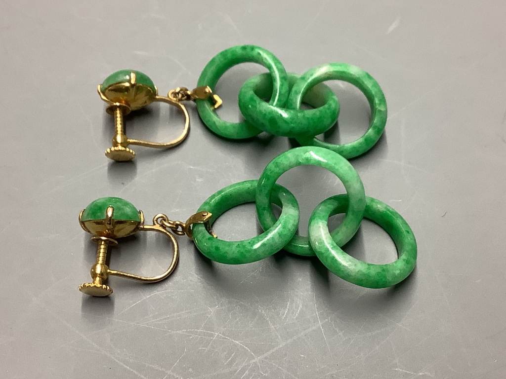 A pair of yellow metal and jade triple loop set drop ear clips